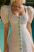 Load image into Gallery viewer, Pink and Blue Tweed Scoop Neck Tight Short Homecoming Dress with Sleeves