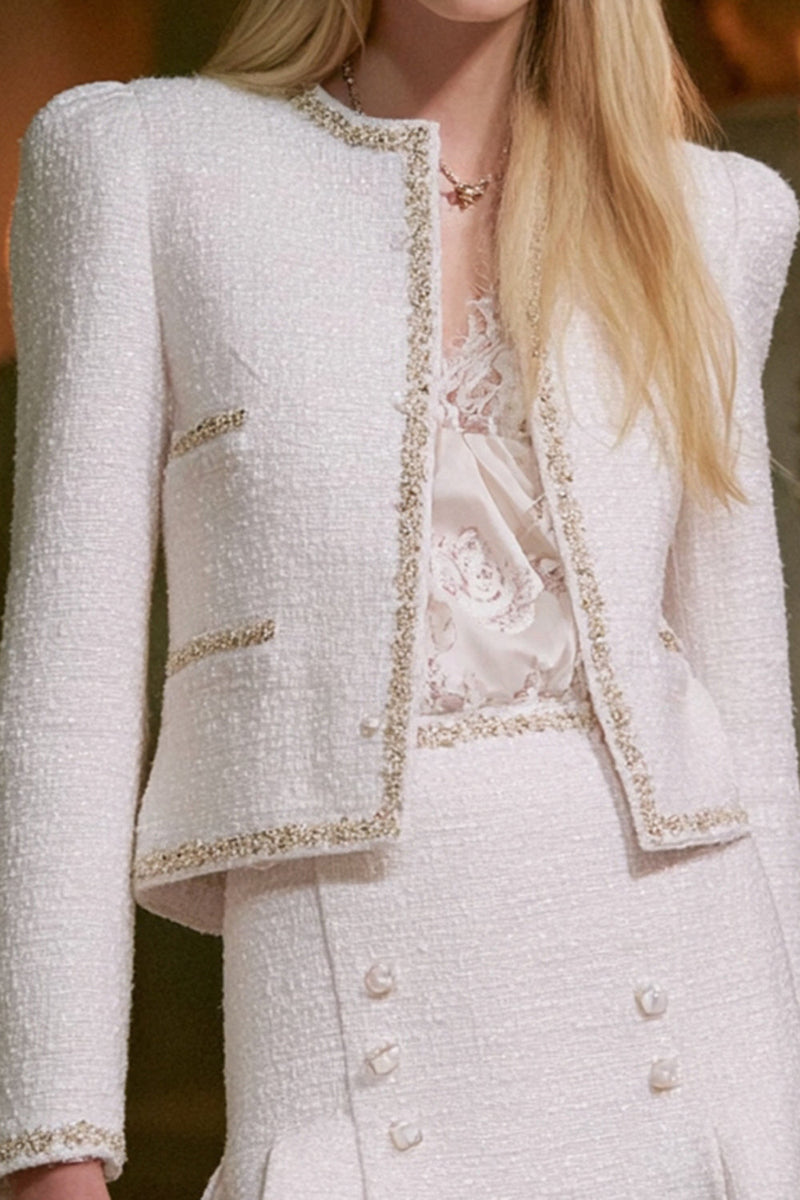 Load image into Gallery viewer, White Tweed 2 Piece Long Sleeves Homecoming Outfits with Buttons