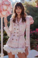 Load image into Gallery viewer, Queendancer Women Light Pink Blazer Short Homecoming Outfits Long Sleeves Tight Tweed Plaid Double Breasted Ruffled Pageant Interview Outfits