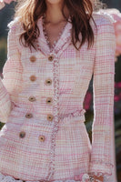 Load image into Gallery viewer, Light Pink Tweed Blazer Long Sleeves Short Homecoming Outfits with Ruffles