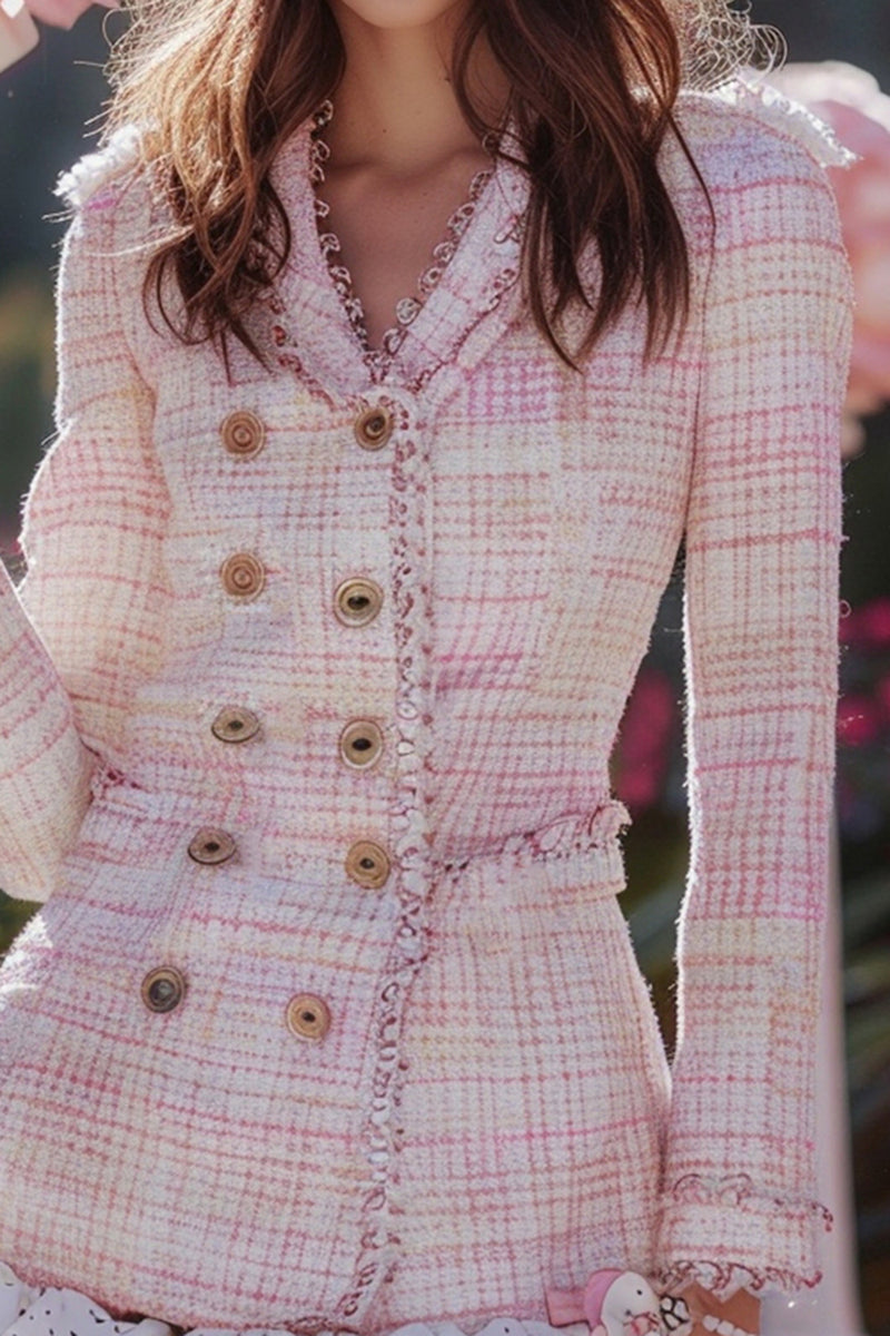 Load image into Gallery viewer, Light Pink Tweed Blazer Long Sleeves Short Homecoming Outfits with Ruffles