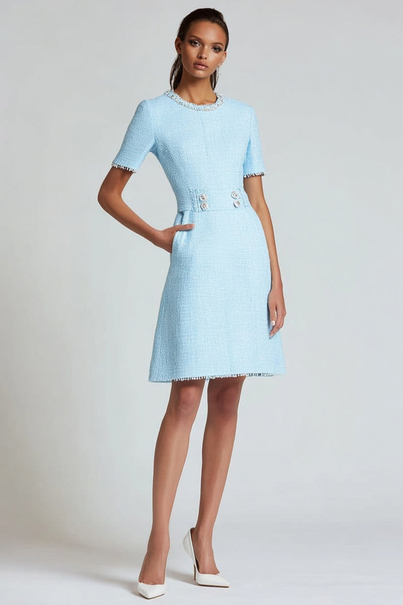 Load image into Gallery viewer, Blue Tweed A Line Round Neck Short Sleeves Homecoming Dress