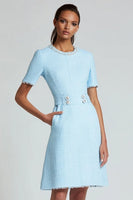 Load image into Gallery viewer, Blue Tweed A Line Round Neck Short Sleeves Homecoming Dress