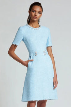 Blue Tweed A Line Round Neck Short Sleeves Homecoming Dress