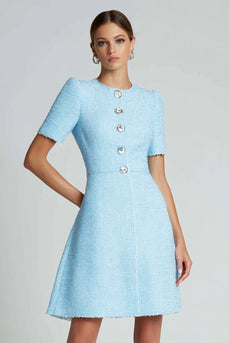 Tweed Blue A Line Buttons Short Homecoming Dress with Sleeves