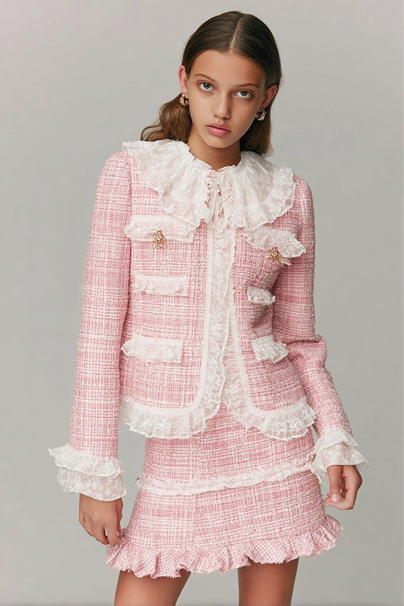 Load image into Gallery viewer, Pink 2 Piece Tweed Ruffled Blazer Short Homecoming Outfits with Lace