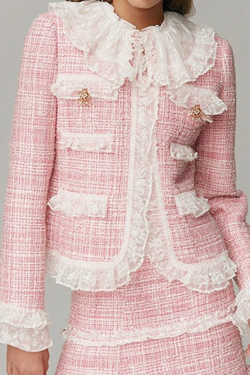 Load image into Gallery viewer, Pink 2 Piece Tweed Ruffled Blazer Short Homecoming Outfits with Lace