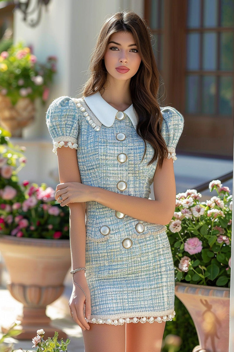 Load image into Gallery viewer, Queendancer Women Blue Tweed Short Homecoming Dress with Buttons Tight Pearls Peter Pan Collar Pageant Interview Dress with Sleeves