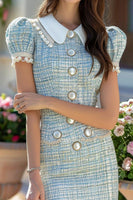 Load image into Gallery viewer, Blue Tweed Tight Pearls Buttons Short Homecoming Dress with Sleeves