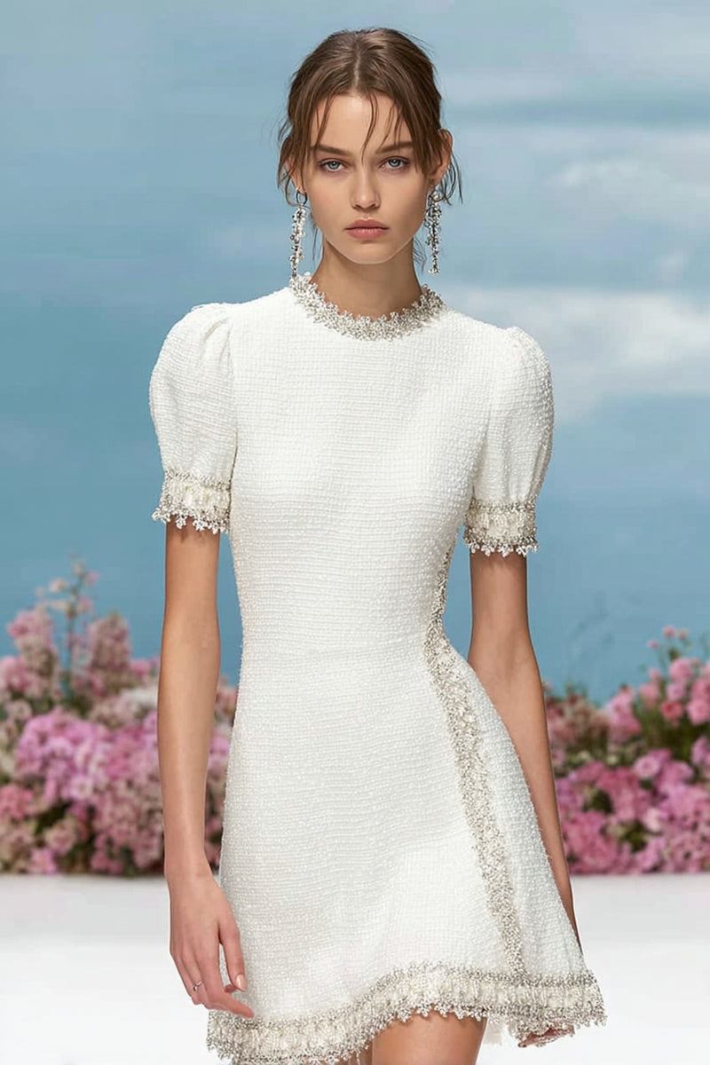 Load image into Gallery viewer, White Round Neck Tweed Short Homecoming Dress with Appliques
