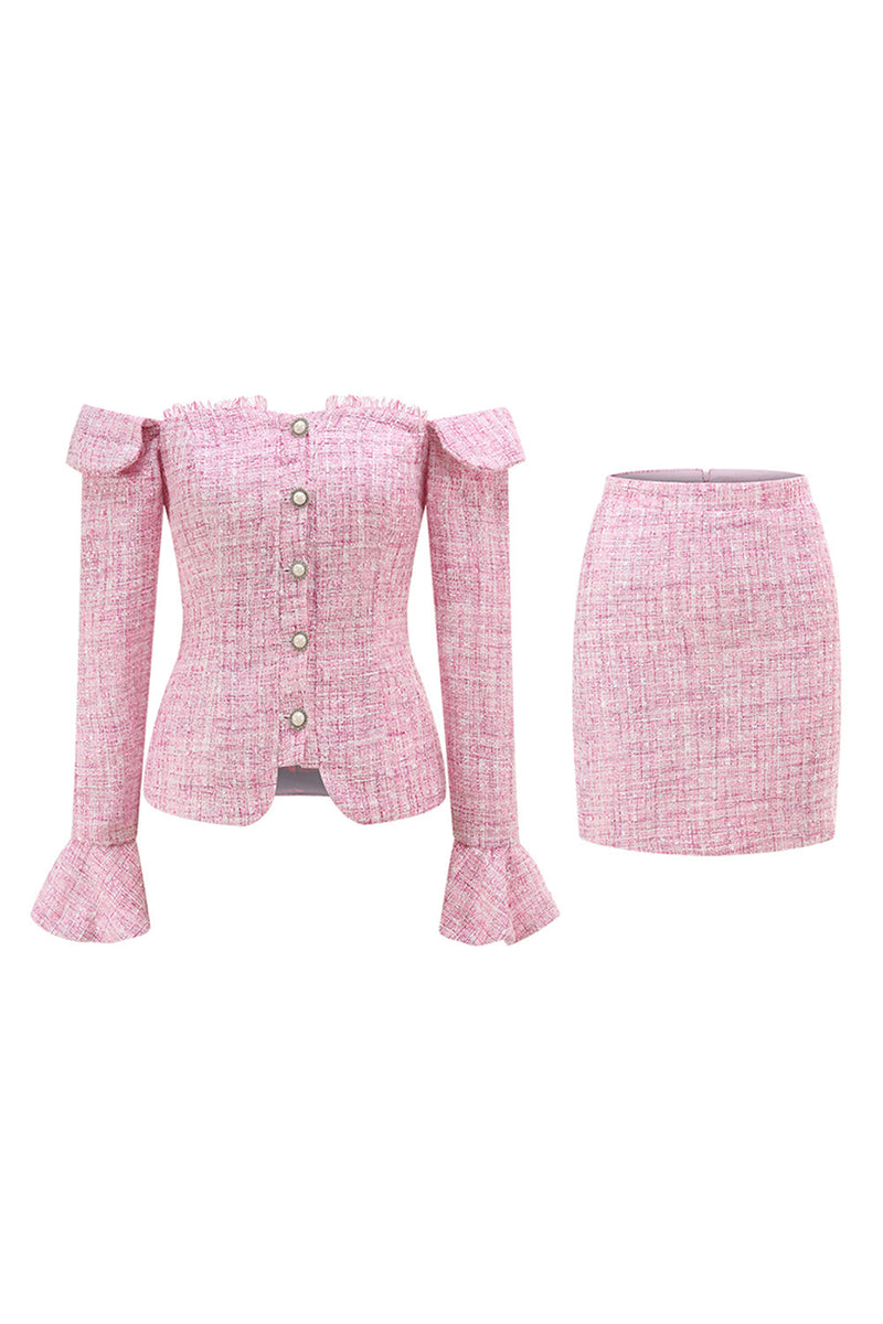 Load image into Gallery viewer, Pink 2 Piece Tweed Off the Shoulder Pencil Homecoming Outfits