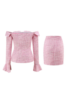 Pink 2 Piece Tweed Off the Shoulder Pencil Homecoming Outfits