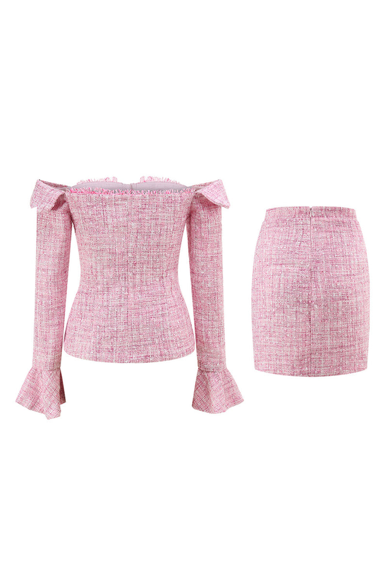 Load image into Gallery viewer, Pink 2 Piece Tweed Off the Shoulder Pencil Homecoming Outfits