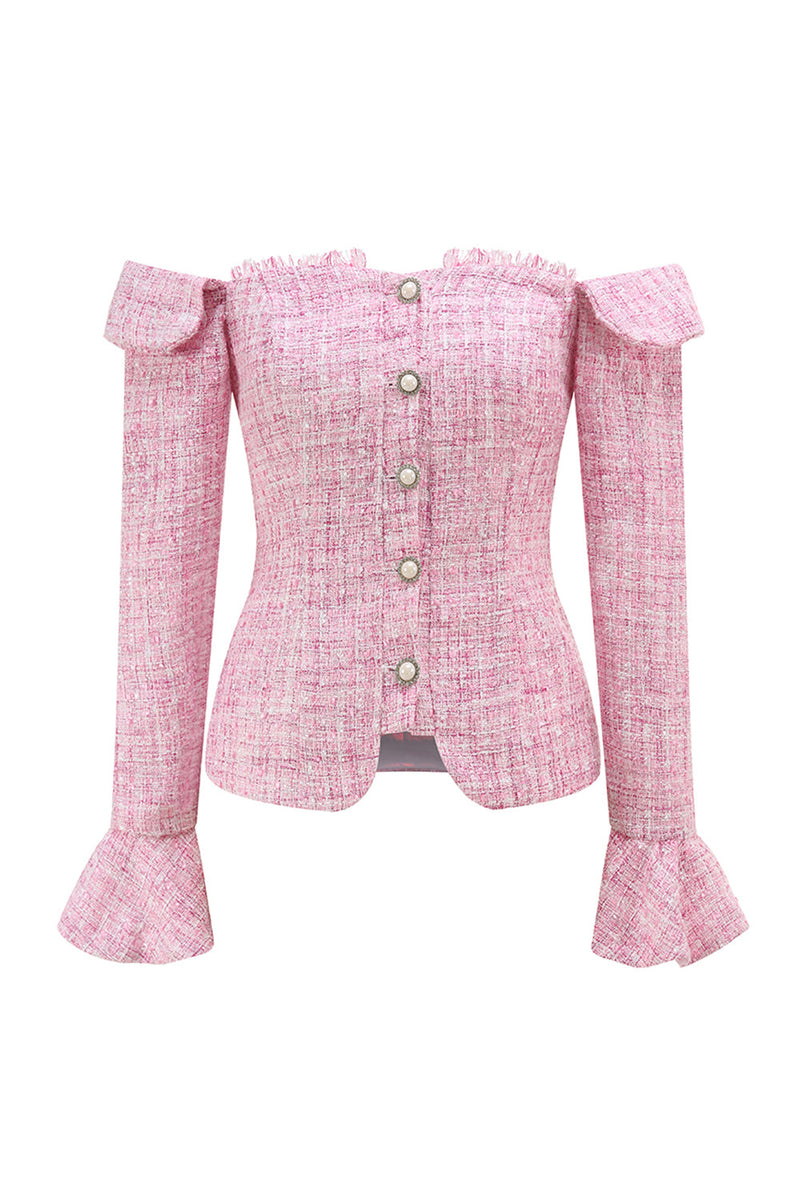 Load image into Gallery viewer, Pink 2 Piece Tweed Off the Shoulder Pencil Homecoming Outfits