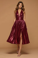 Load image into Gallery viewer, Sparkly Burgundy Metallic Halter Midi Holiday Party Dress with Slit