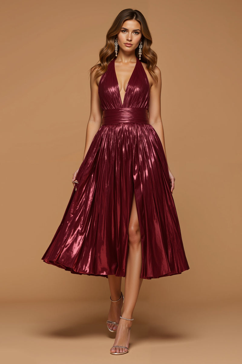 Load image into Gallery viewer, Sparkly Burgundy Metallic Halter Midi Holiday Party Dress with Slit