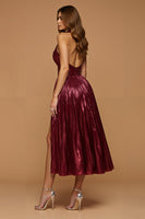 Load image into Gallery viewer, Sparkly Burgundy Metallic Halter Midi Holiday Party Dress with Slit