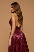 Load image into Gallery viewer, Sparkly Burgundy Metallic Halter Midi Holiday Party Dress with Slit