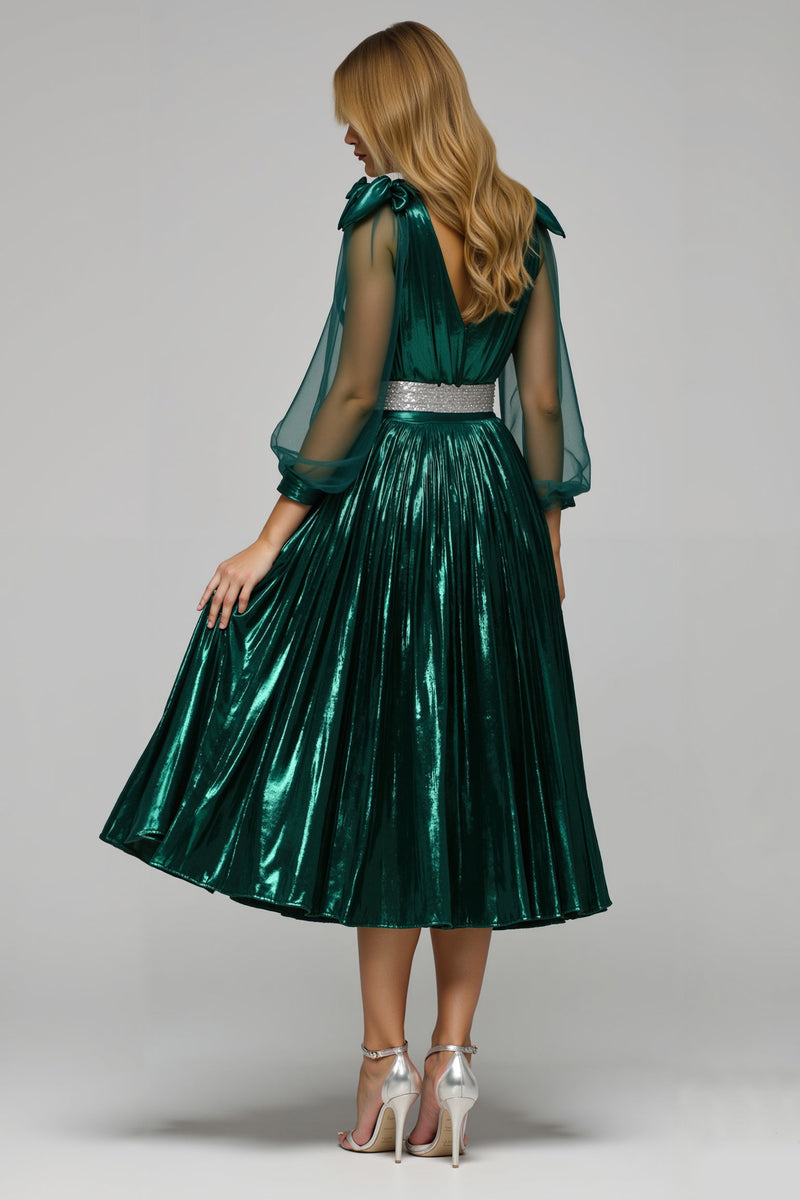 Load image into Gallery viewer, Sparkly Dark Green Metallic Midi Holiday Party Dress with Slit