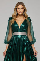 Load image into Gallery viewer, Sparkly Dark Green Metallic Midi Holiday Party Dress with Slit