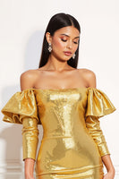 Load image into Gallery viewer, Sparkly Golden Tight Metallic Short Homecoming Dress with Ruffles