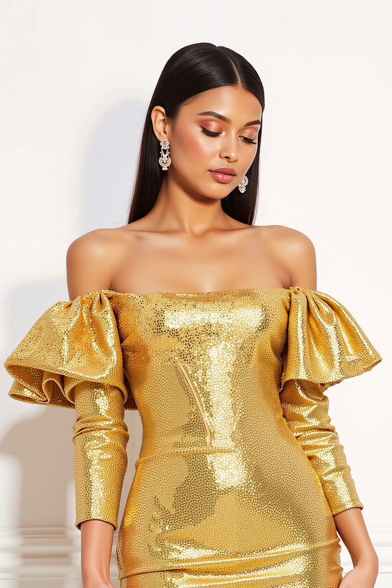 Load image into Gallery viewer, Sparkly Golden Tight Metallic Short Homecoming Dress with Ruffles