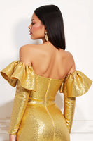 Load image into Gallery viewer, Sparkly Golden Tight Metallic Short Homecoming Dress with Ruffles