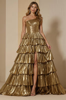 Load image into Gallery viewer, Sparkly Golden Metallic Tiered One Shoulder Long Prom Dress with Slit