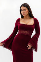 Load image into Gallery viewer, Burgundy Flare Sleeves Long Holiday Party Dress with Lace