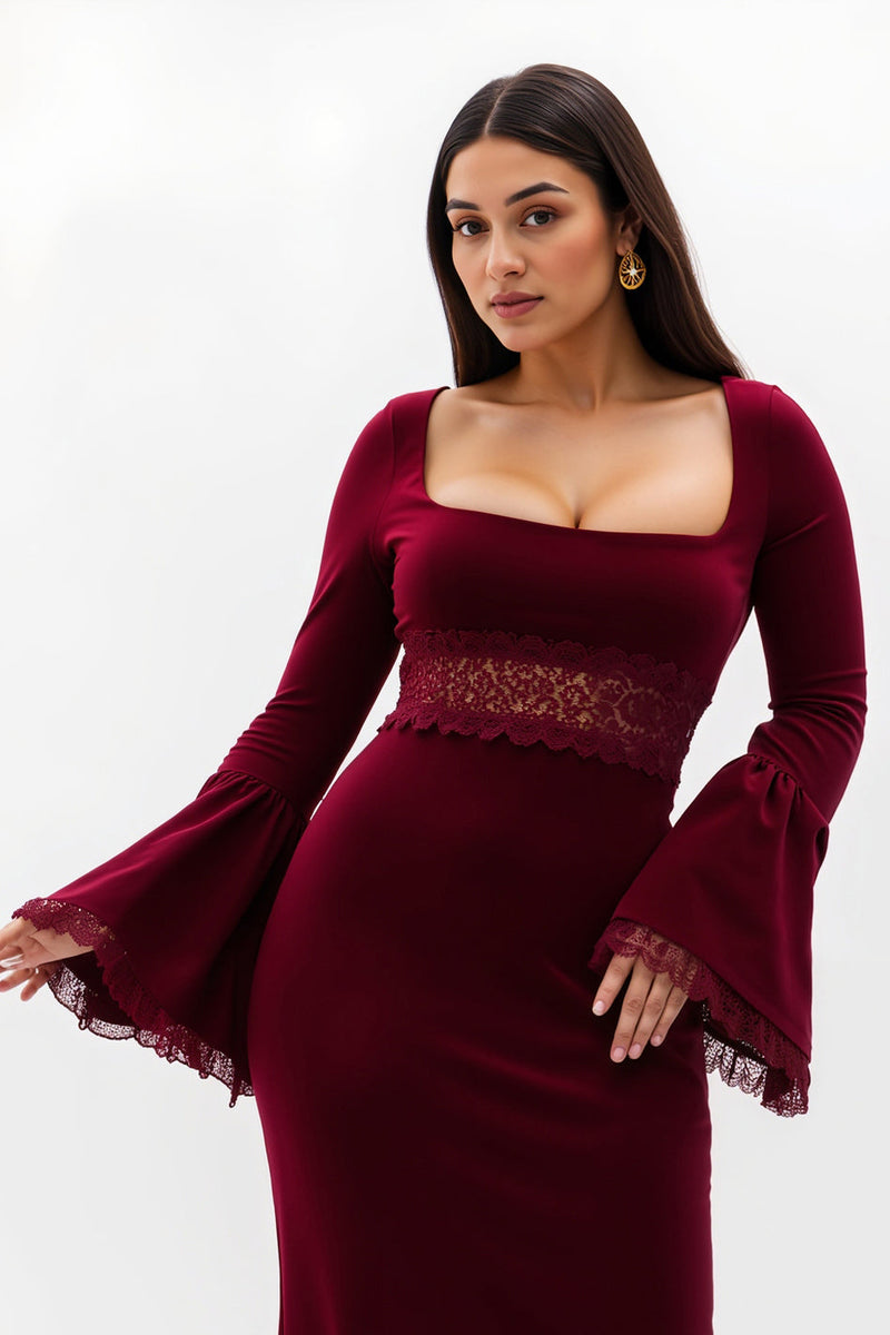 Load image into Gallery viewer, Burgundy Flare Sleeves Long Holiday Party Dress with Lace