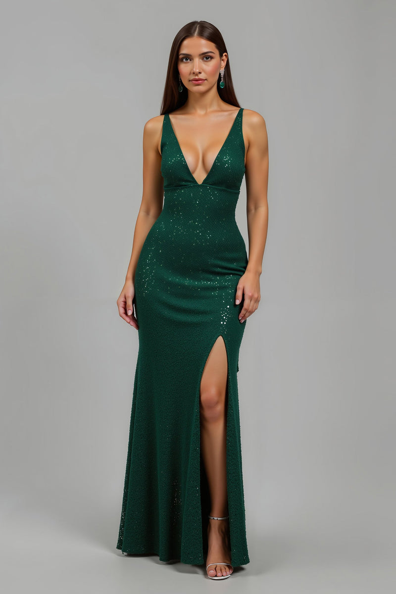 Load image into Gallery viewer, Sparkly Dark Green Sequins Deep V-Neck Long Holiday Party Dress with Slit