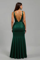 Load image into Gallery viewer, Sparkly Dark Green Sequins Deep V-Neck Long Holiday Party Dress with Slit