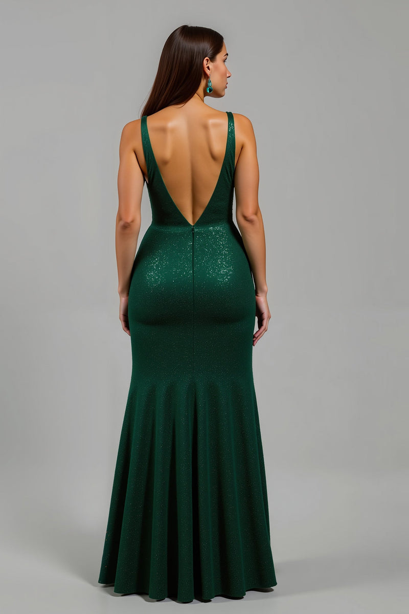 Load image into Gallery viewer, Sparkly Dark Green Sequins Deep V-Neck Long Holiday Party Dress with Slit