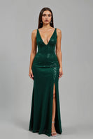 Load image into Gallery viewer, Sparkly Dark Green Sequins Deep V-Neck Long Holiday Party Dress with Slit