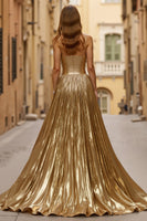 Load image into Gallery viewer, Sparkly Golden Metallic Ruched Halter Long Prom Dress with Slit