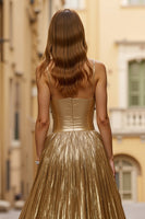 Load image into Gallery viewer, Sparkly Golden Metallic Ruched Halter Long Prom Dress with Slit
