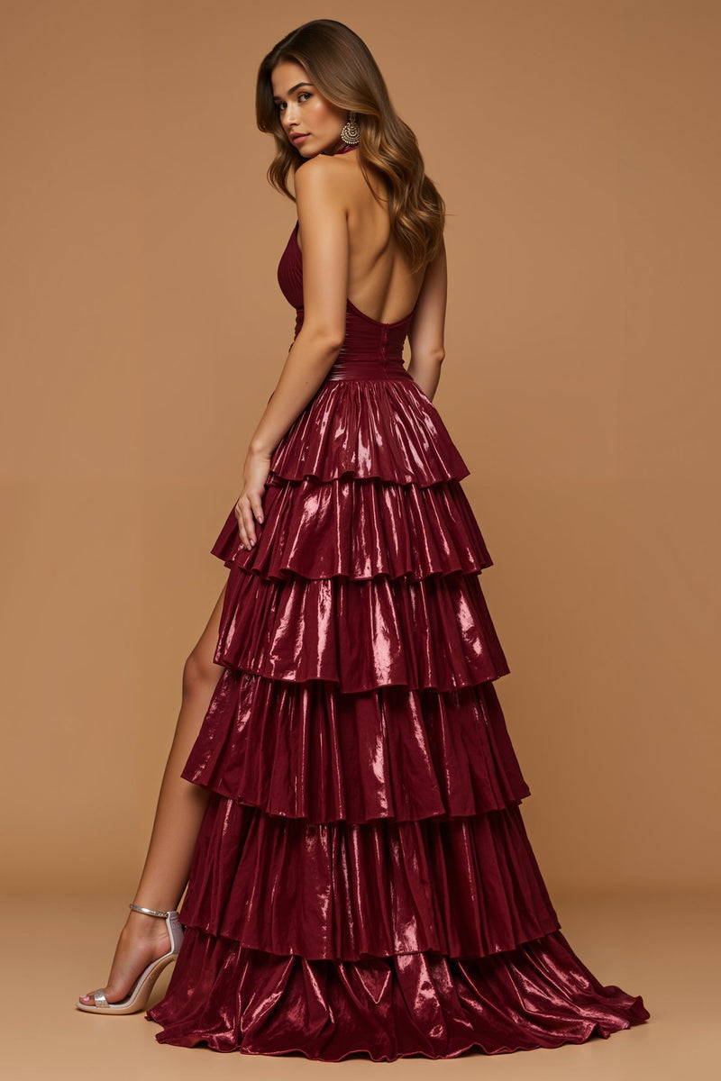 Load image into Gallery viewer, Sparkly Burgundy Metallic Tiered Halter Long Prom Dress with Slit