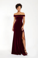 Load image into Gallery viewer, Burgundy Sheath Off the Shoulder Long Holiday Party Dress with Slit