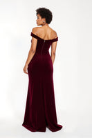 Load image into Gallery viewer, Burgundy Sheath Off the Shoulder Long Holiday Party Dress with Slit