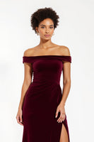 Load image into Gallery viewer, Burgundy Sheath Off the Shoulder Long Holiday Party Dress with Slit