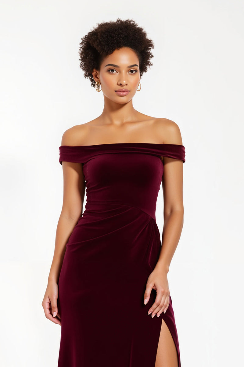 Load image into Gallery viewer, Burgundy Sheath Off the Shoulder Long Holiday Party Dress with Slit