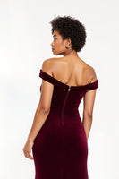 Load image into Gallery viewer, Burgundy Sheath Off the Shoulder Long Holiday Party Dress with Slit
