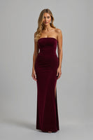 Load image into Gallery viewer, Simple Burgundy Strapless Sheath Long Holiday Party Dress with Slit