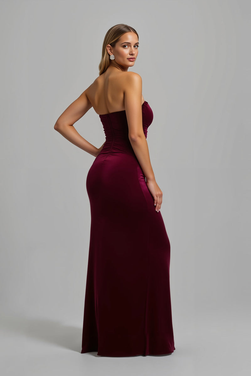 Load image into Gallery viewer, Simple Burgundy Strapless Sheath Long Holiday Party Dress with Slit