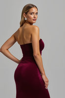 Load image into Gallery viewer, Simple Burgundy Strapless Sheath Long Holiday Party Dress with Slit