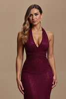 Load image into Gallery viewer, Sparkly Burgundy Mermaid SequinsHalter Long Holiday Party Dress