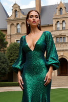 Load image into Gallery viewer, Sparkly Dark Green Mermaid Sequins Long Sleeves Holiday Party Dress