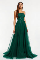 Load image into Gallery viewer, Sparkly Dark Green Strapless Tulle Long Holiday Party Dress with Beading