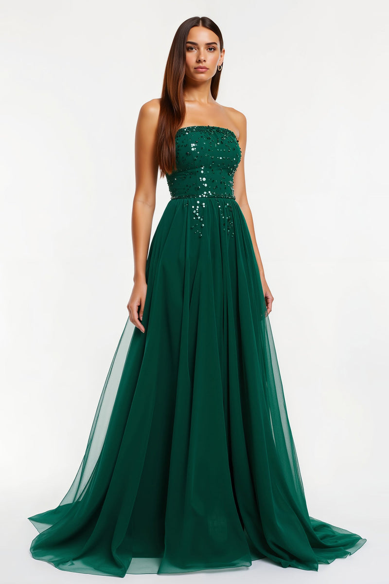 Load image into Gallery viewer, Sparkly Dark Green Strapless Tulle Long Holiday Party Dress with Beading