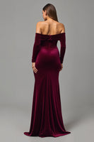 Load image into Gallery viewer, Burgundy Velvet Sheath Off the Shoulder Long Holiday Party Dress with Slit